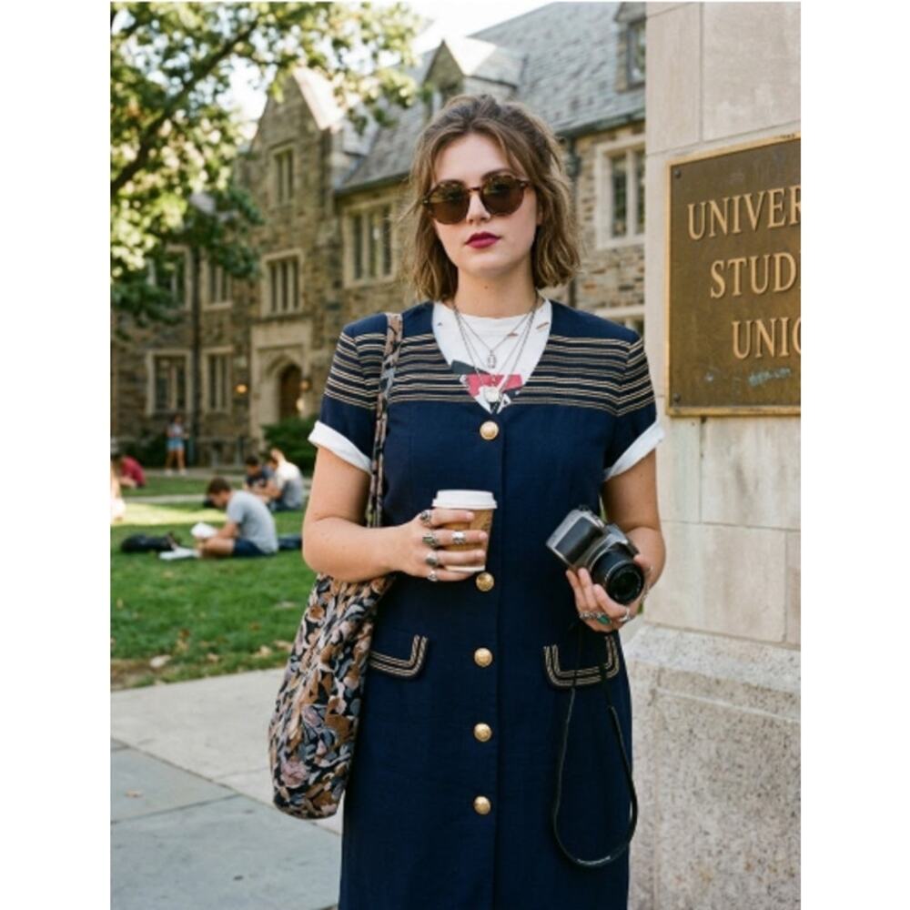 Vintage Leslie Faye Navy Blazer Dress Gold Buttons Size 12 Classic Power Dress - Picture 1 of 4